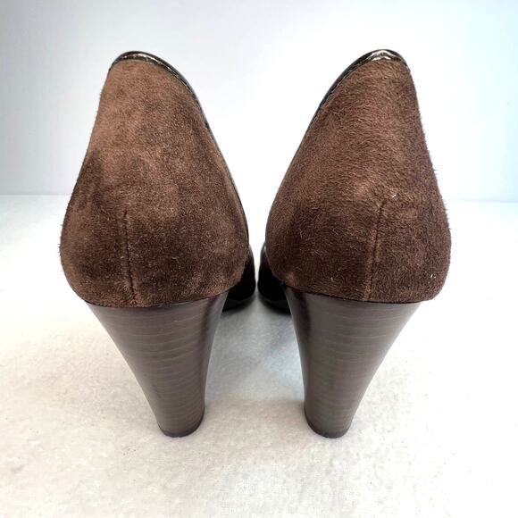 Sofft Womens Classic Pumps Size 7.5M Brown Suede Patent Leather Trim Peep Toe - Picture 7 of 12